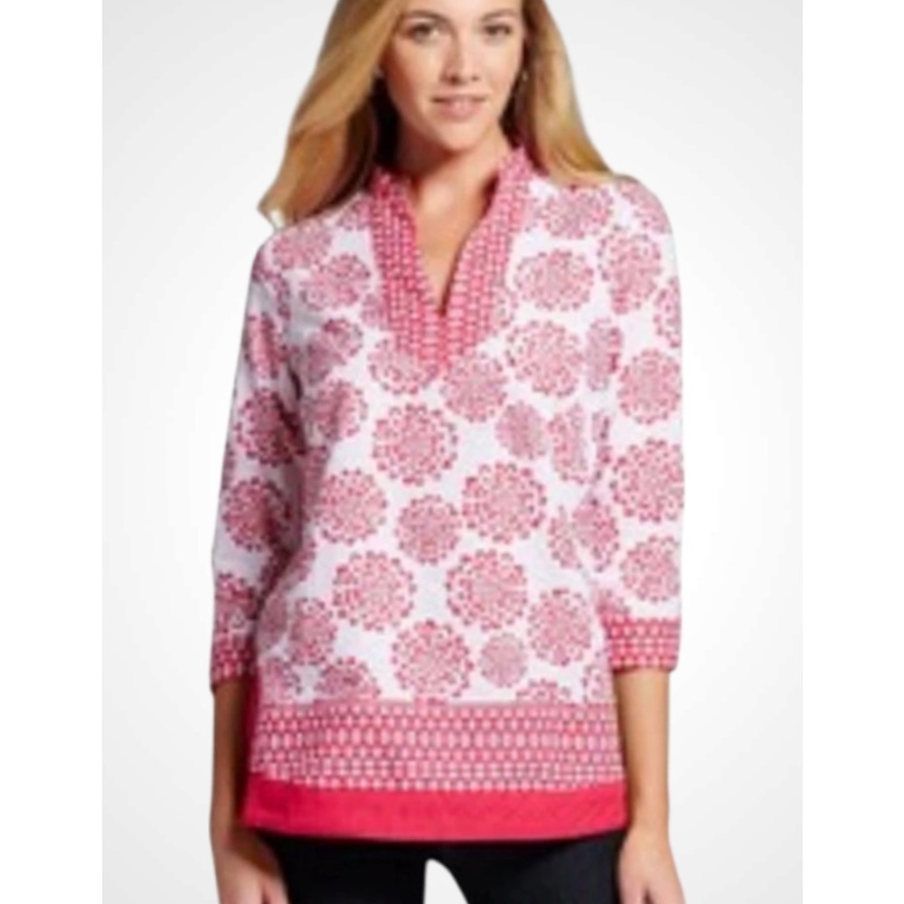 Zac & Rachel Pink Relaxed Orange & White Floral Notched Neck Tunic Cotton Top XL